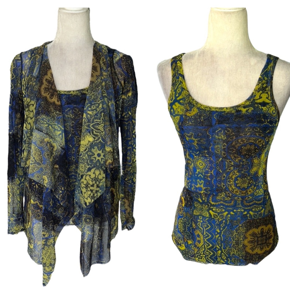 FUZZI Abstract Mesh Tulle Waterfall Cardigan & Tank Top 2 Piece Set - S / M